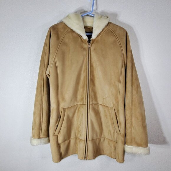 Relativity Womens  XL Tan Faux Suede Sherpa Lined Hooded Coat - Picture 1 of 9